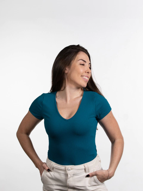 Blusa gola V manga curta - Azul Oceano