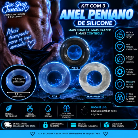 Anel Peniano - Kit com 3 cores - 3,7 cm