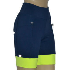Bermuda 4 Bolsos Azul Marinho com Barras Amarelo Neon