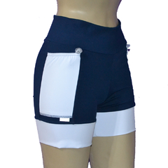 Shortinho 4 Bolsos Azul Marinho com Bolsos e Barra Branca