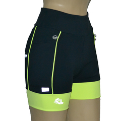 Shortinho 4 Bolsos Preto com Barra e Vivo Amarelo Neon