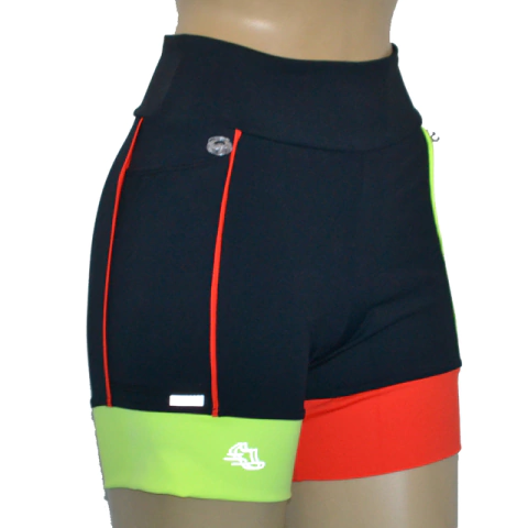 Shortinho 3 Bolsos Preto Barra e Vivo Laranja e Amarelo Neon - Black Friday - Pronta Entrega