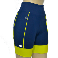 Bermuda 4 Bolsos Azul Marinho com Barra e Vivo Amarelo Neon - Pronta Entrega