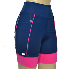Bermuda 4 Bolsos Azul Marinho com Barra e Vivo Rosa Neon - Pronta Entrega