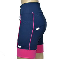 Bermuda 4 Bolsos Azul Marinho com Barra e Vivo Rosa Neon - Pronta Entrega - corrabem