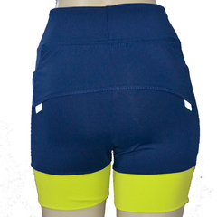 Shortinho 4 Bolsos Azul Marinho com Barra Amarelo Neon - Pronta Entrega - corrabem
