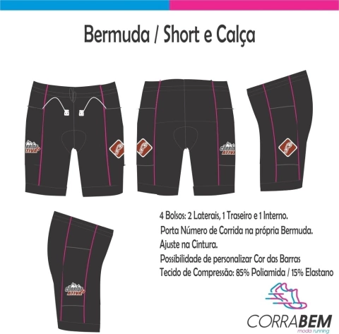 Bermuda 4 Bolsos Corrida Ativa com vivo Rosa