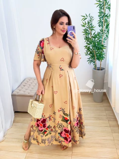 Vestido Lilian Floral Corações Bege - comprar online