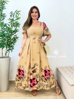 Vestido Lilian Floral Corações Bege - Glossy House