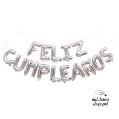 Globo frase "feliz cumpleaños" 35cm de alto c/letra plateado