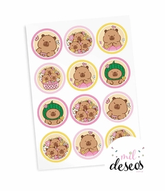 Sticker capibara kawai flores x12 unidades