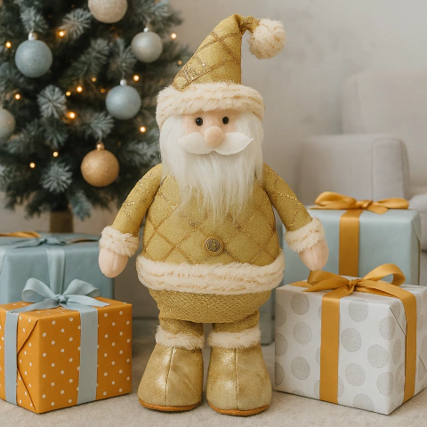 Muñeco de Papá Noel dorado de 43 cm parado junto a regalos envueltos y árbol de Navidad decorado