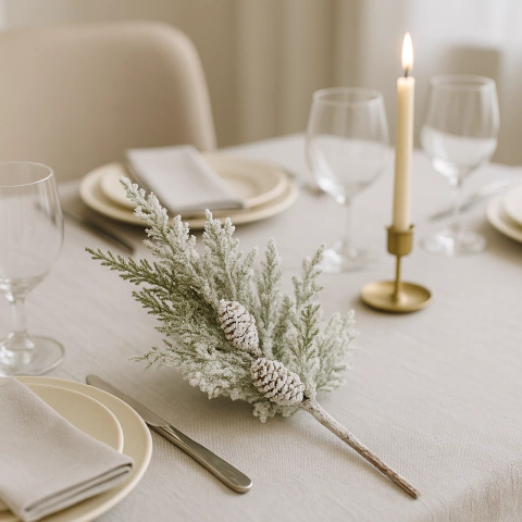 Vara de pino nevada con piñas decorativa sobre mantel blanco en mesa preparada para cena navideña
