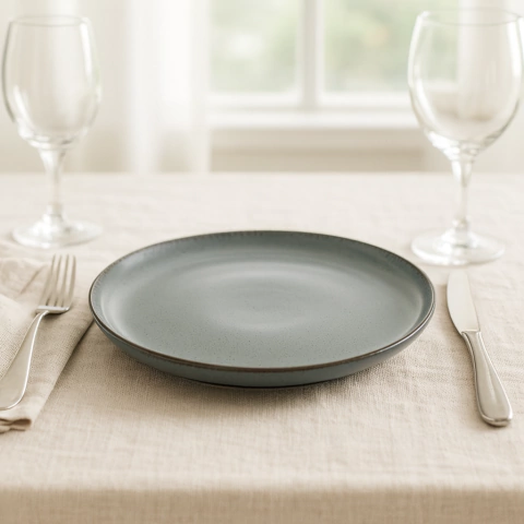 Plato playo de cerámica color azul línea Blue de 27 cm sobre mantel beige con cubiertos y copas de vino