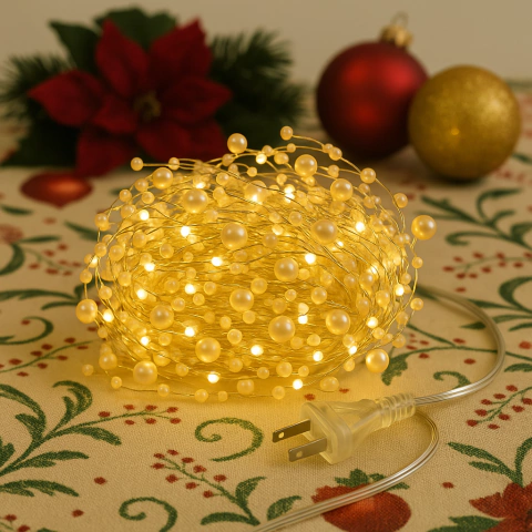 Guía de luces LED cálidas con 200 perlas blancas decorativas, encendidas sobre mantel navideño con diseño floral y bolas navideñas de fondo