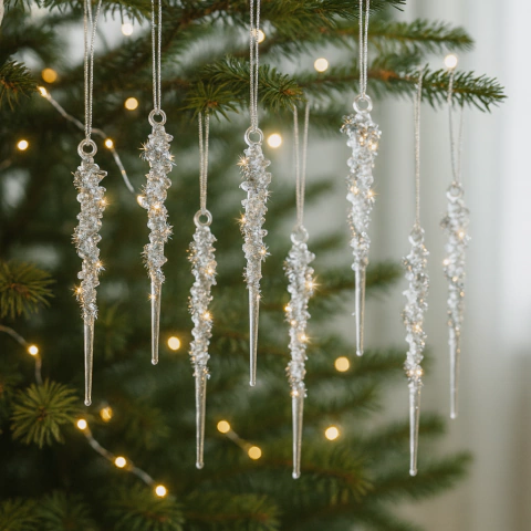Ser de 8 caireles colgantes de acrílico con brillos transparentes decorando un árbol de Navidad verde con luces cálidas