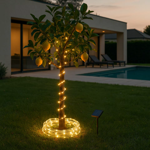 Manguera LED cálida solar de 12 metros iluminando un árbol pequeño en el jardín al atardecer
