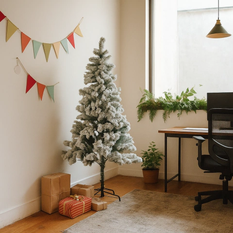 Árbol de navidad nevado de 1.5 metros con pie metálico, decorando una oficina con regalos envueltos y banderines de colores en la pared