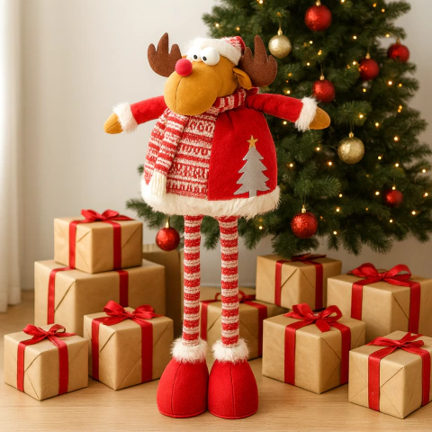 Muñeco navideño reno de 110 cm con patas rebatibles, vestido con bufanda y ropa roja con detalles blancos, junto a regalos envueltos con moños rojos y un árbol de Navidad decorado con esferas rojas y doradas