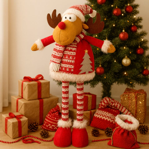 Muñeco navideño de reno de 90 cm con patas rebatibles, vestido con ropa roja y blanca, decorado con bufanda y gorro, junto a regalos y árbol de Navidad