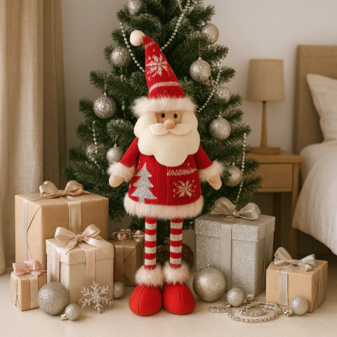 Muñeco de papá Noel de 70cm con piernas rebatibles, vestido con suéter rojo y gorro navideño, rodeado de regalos y decoraciones plateadas frente a un árbol de Navidad