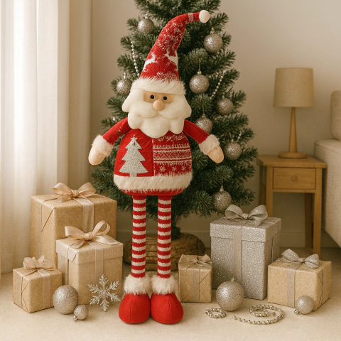 Muñeco de Papá Noel de 90 cm con piernas rebatibles, vestido con ropa navideña roja y blanca, frente a un árbol de Navidad decorado y rodeado de regalos envueltos en papel dorado y plateado