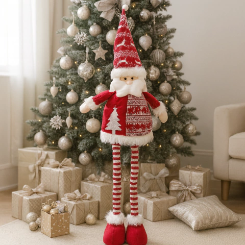 Muñeco de Papá Noel de 110 cm con piernas rebatibles vestido con traje rojo y blanco, frente a un árbol de Navidad decorado con esferas plateadas y regalos envueltos en papel dorado