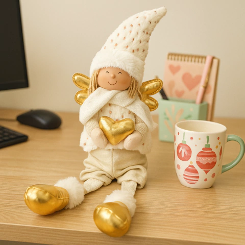 Muñeca hada navideña dorada de patas largas sentada sobre escritorio con taza decorativa
