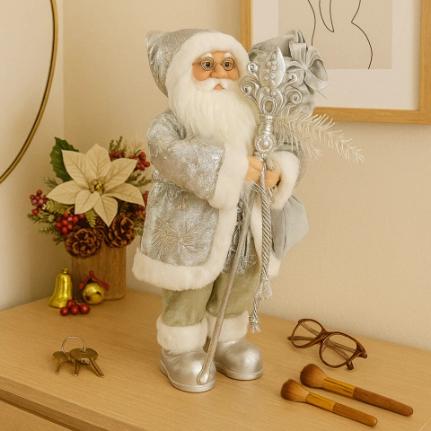 Muñeco papá Noel gris con regalo 30cm