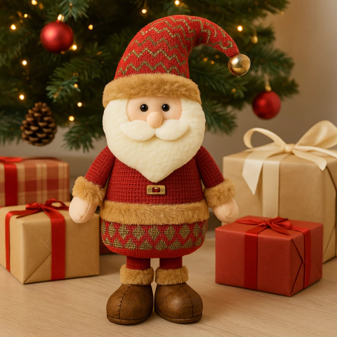 Muñeco de papá Noel clásico de 46 cm con gorro rojo y detalles dorados, parado frente a un árbol de Navidad decorado y regalos envueltos