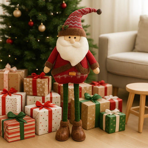 Muñeco Papá Noel clásico de 70 cm con piernas rebatibles, vestido con suéter rojo, gorro navideño y botas marrones, rodeado de regalos y árbol de Navidad decorado