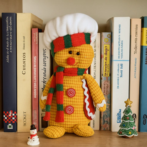 Muñeco navideño Hombrecito de Jengibre cocinero de 20 cm con gorro blanco y bufanda roja y verde sobre estante con libros y figuras navideñas