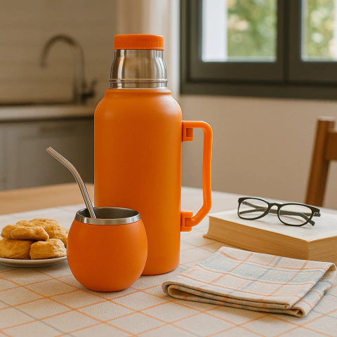 Termo de acero color naranja con tapa y mate a juego en una mesa con galletas, un libro y gafas