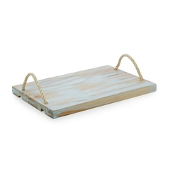 Bandeja de Madeira Teca Noronha Azul com Alça de Sisal - 32cm