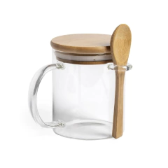 Caneca com Tampa e Colher em Bambu - 440ml