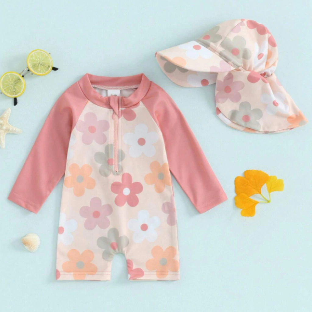 Traje de Baño Flores + Gorro