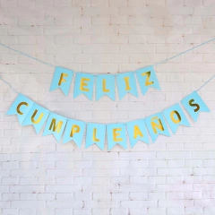 BANDERÍN FELIZ CUMPLEAÑOS CELESTE-DORADO - comprar online