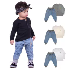 Kit 2 Peças Camiseta Manga Longa com Botões e Calça Jeans Saruel - 9015