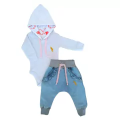 Kit 2 Peças Menina Body com Capuz Estampado e Calça Jeans Saruel com detalhes - 9021 - loja online