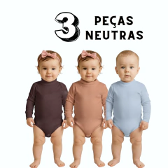 Imagem do Kit 3 Body de Bebê Manga Longa Gola Alta Roupa de Menina Menino - 9051