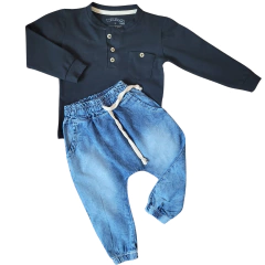 Imagem do Conjunto 2 peças Camisa Infantil com Botões Manga Longa e Calça Jeans - 9036
