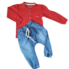 Conjunto 2 peças Camisa Infantil com Botões Manga Longa e Calça Jeans - 9036 - comprar online