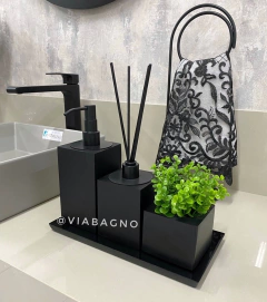 Kit lavabo 3 peças + bandeja 14x28 em resina Preta fosca com Preto fosco