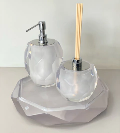 Kit de banheiro 2 peças + bandeja 33cm resina em lapidada de diâmetro cristal com cromado
