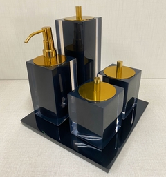 kit de banheiro 4 peças + bandeja 24x24 cristal preto com dourado