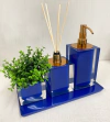 kit lavabo 3 peças + bandeja 14x28 em resina cristal azul com red gold