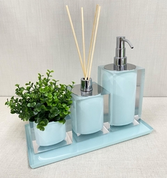 Kit lavabo 3 peças + bandeja 14x28 em resina cristal verde água com cromado