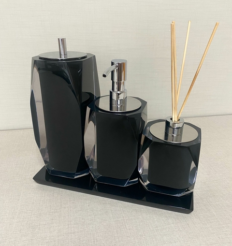 kit de banheiro 3 peças + bandeja 14x28 em resina Valência cristal Preto com cromado