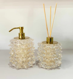 Conjunto 2 peças Saboneteira e Difusor murano cristal com dourado com pó de ouro 24k com dourado