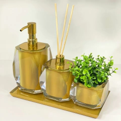 kit lavabo 3 peças + bandeja 14x28 em resina Valência cristal dourado com dourado